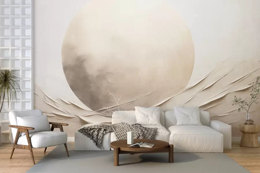 wall murals Abstract, wavy, cream-colored forms with a large, pale sphere, minimalist modern art w09895