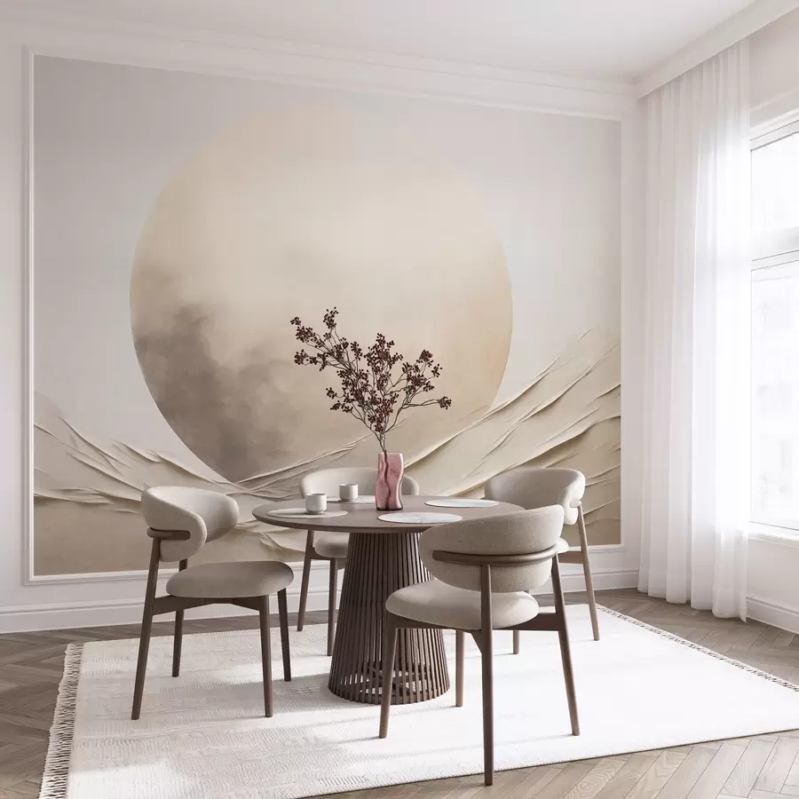 wall murals Abstract, wavy, cream-colored forms with a large, pale sphere, minimalist modern art w09895