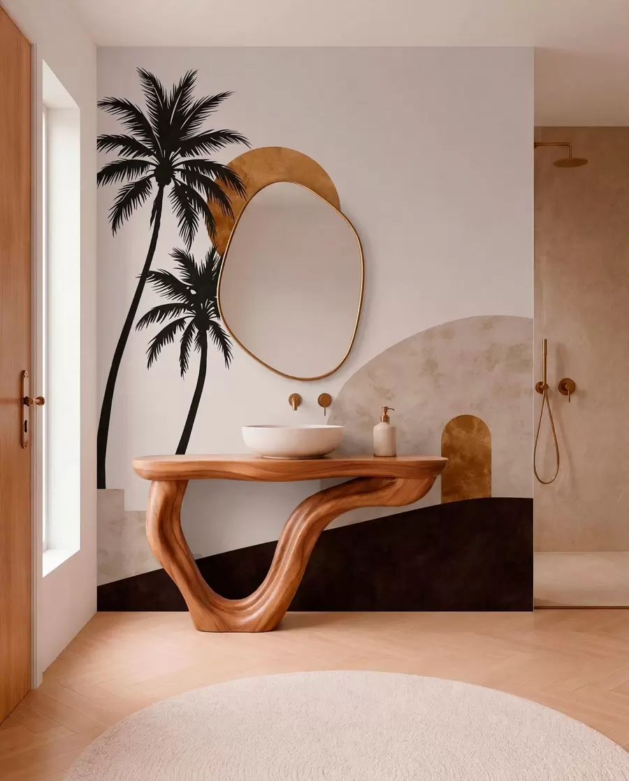 wall murals Palm trees and arch under warm sun w05547