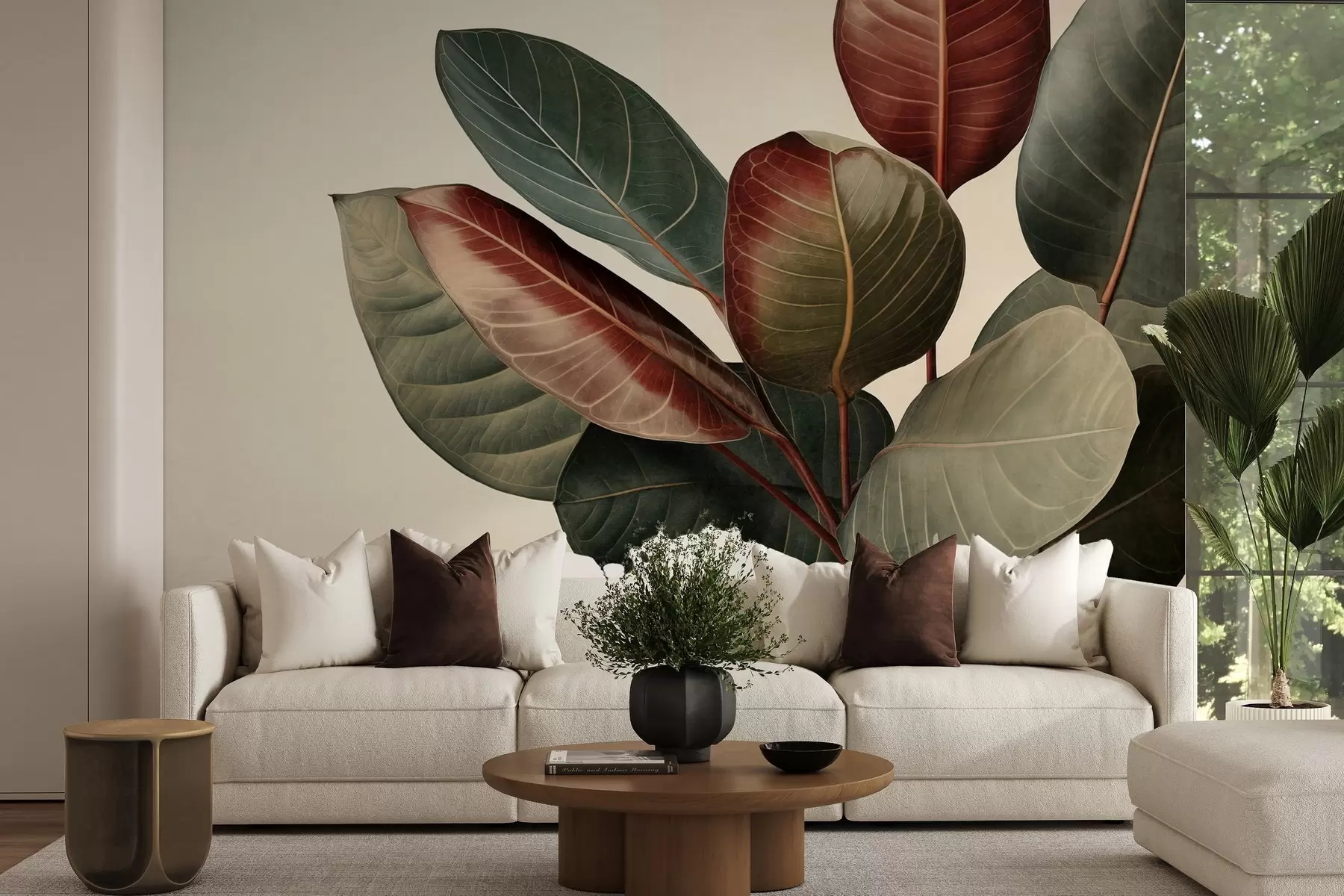wall murals Textured large, variegated leaves in shades of green, red, and brown against light background w09891