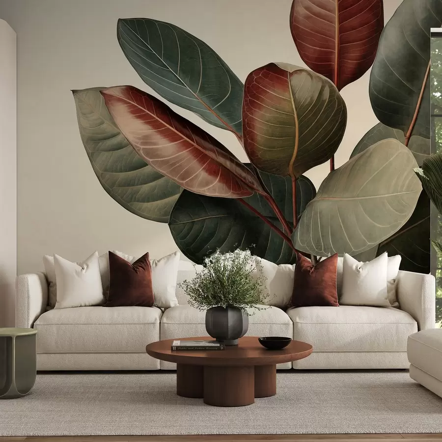 wall murals Textured large, variegated leaves in shades of green, red, and brown against light background w09891