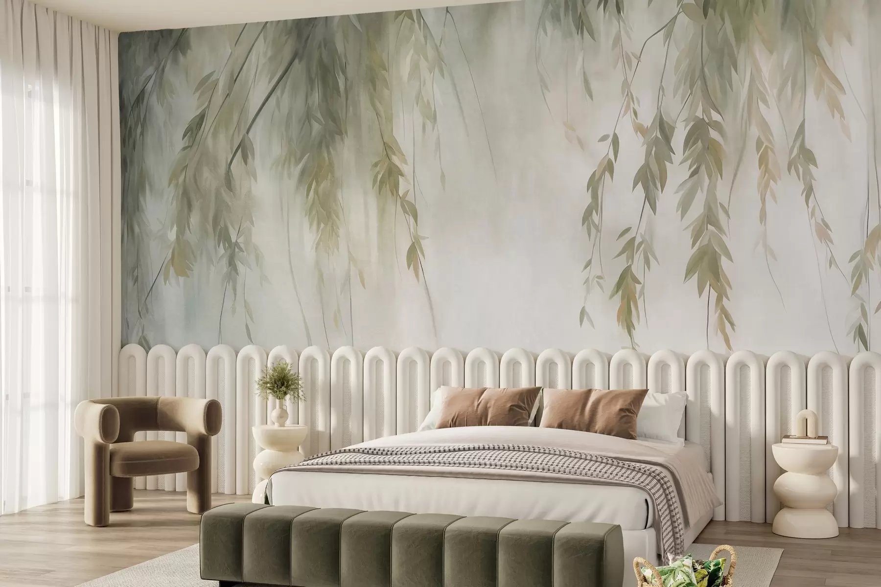 wall murals Willow branches with pale green leaves hanging down against muted background watercolor style w09893