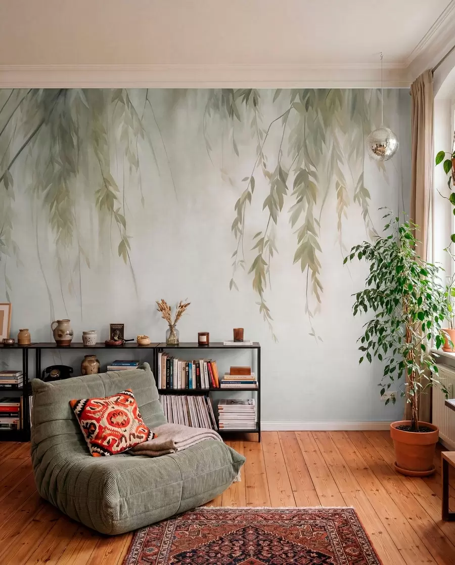 wall murals Willow branches with pale green leaves hanging down against muted background watercolor style w09893