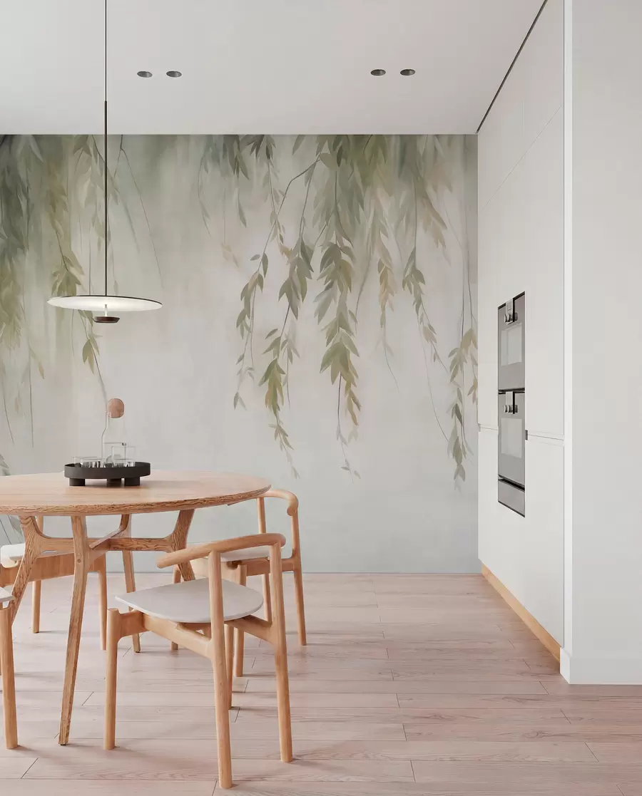 wall murals Willow branches with pale green leaves hanging down against muted background watercolor style w09893