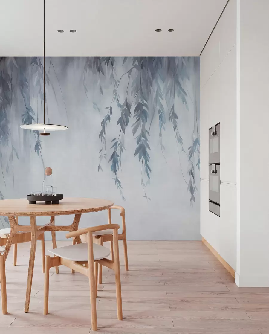 wall murals Willow branches with pale blue leaves hanging down against muted background watercolor style w09893v2