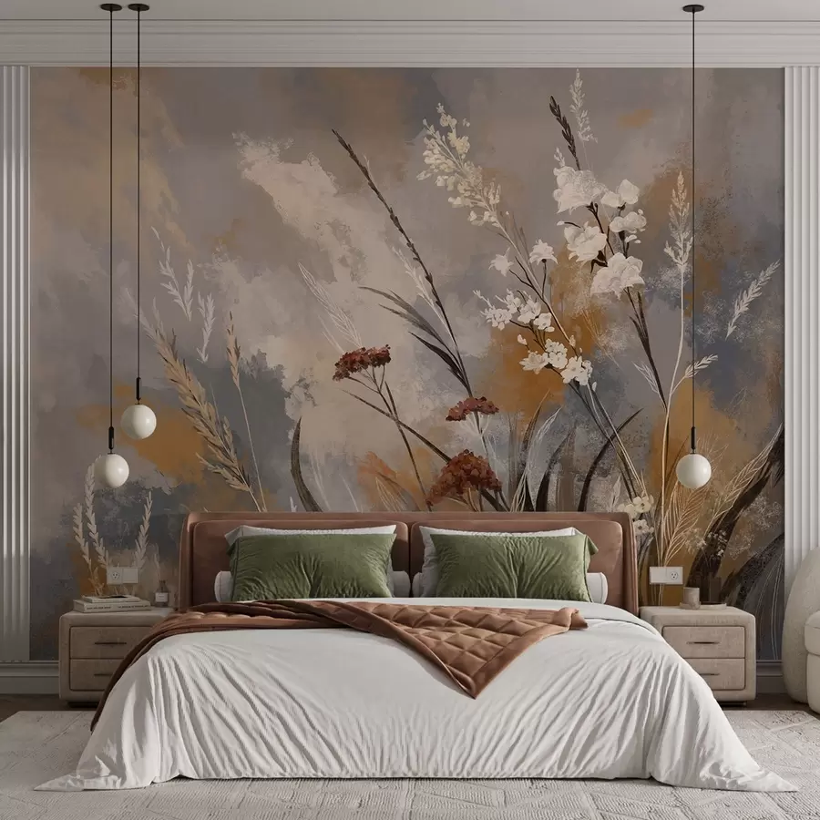wall murals Abstract meadow plants in warm natural tones w05539