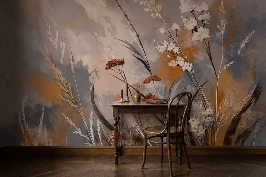 wall murals Abstract meadow plants in warm natural tones w05539