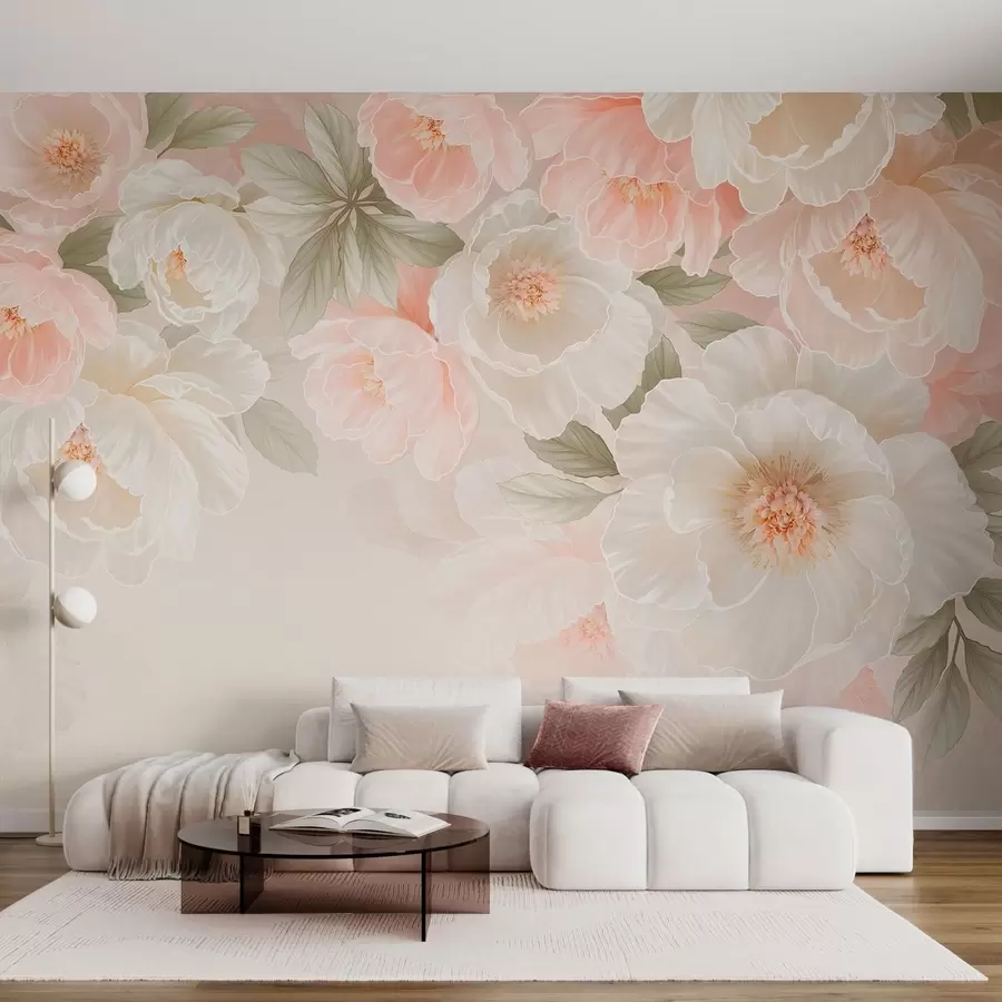 wall murals Large delicate flowers in pink and cream tones w05540