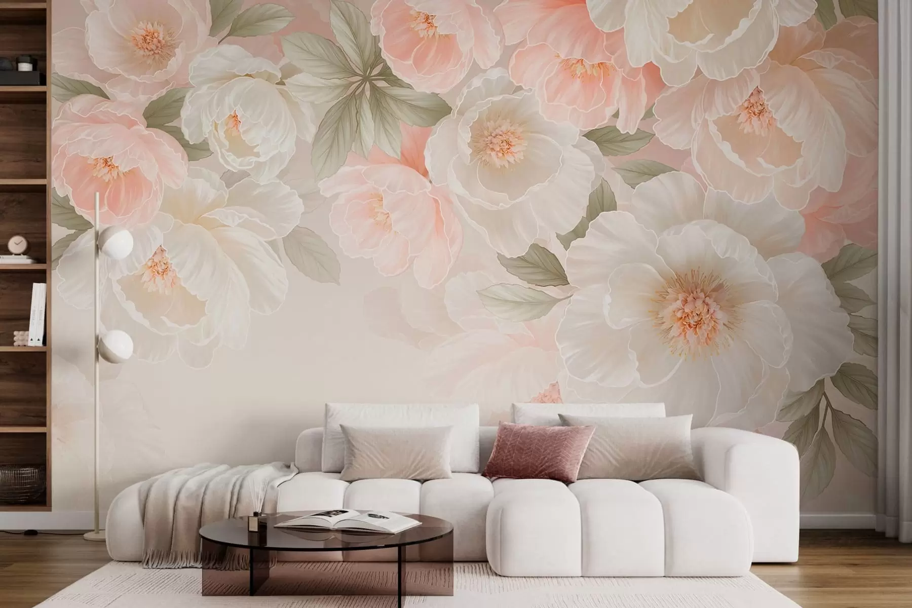 wall murals Large delicate flowers in pink and cream tones w05540