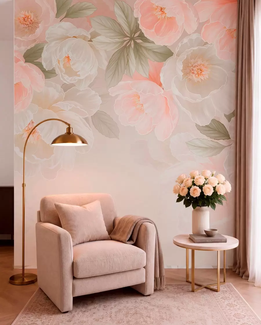 wall murals Large delicate flowers in pink and cream tones w05540