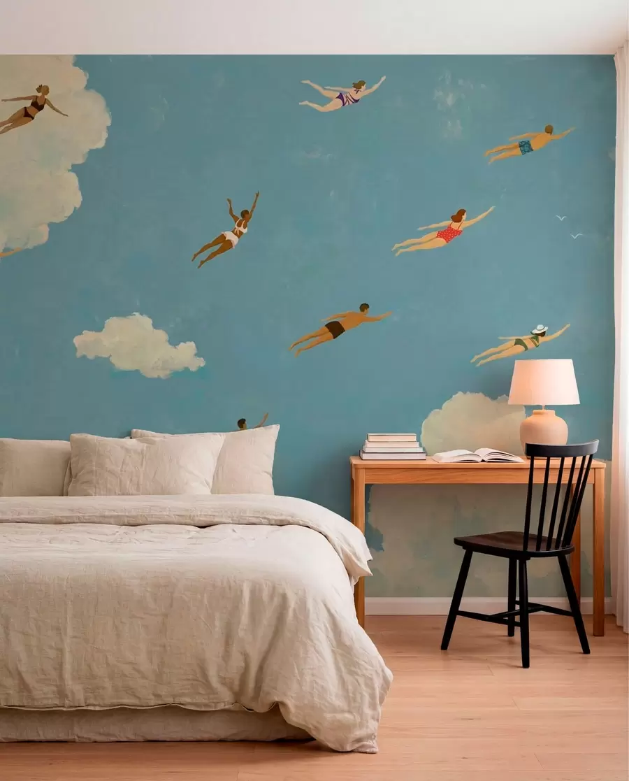 wall murals People floating among clouds in a blue sky w05628