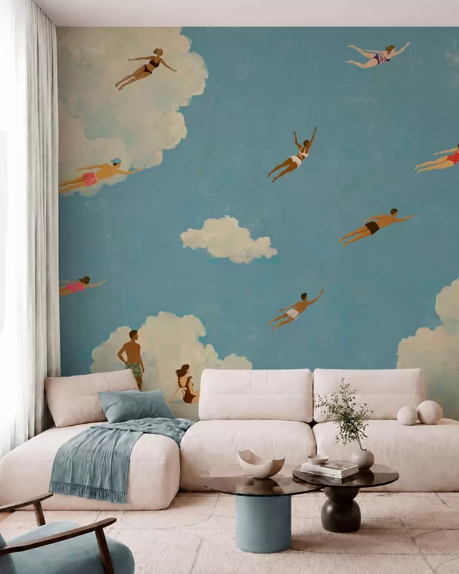 wall murals People floating among clouds in a blue sky w05628