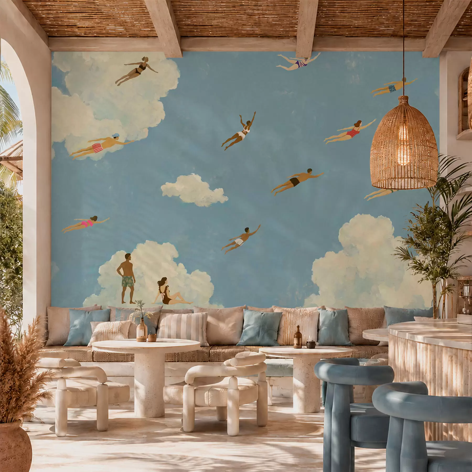 wall murals People floating among clouds in a blue sky w05628