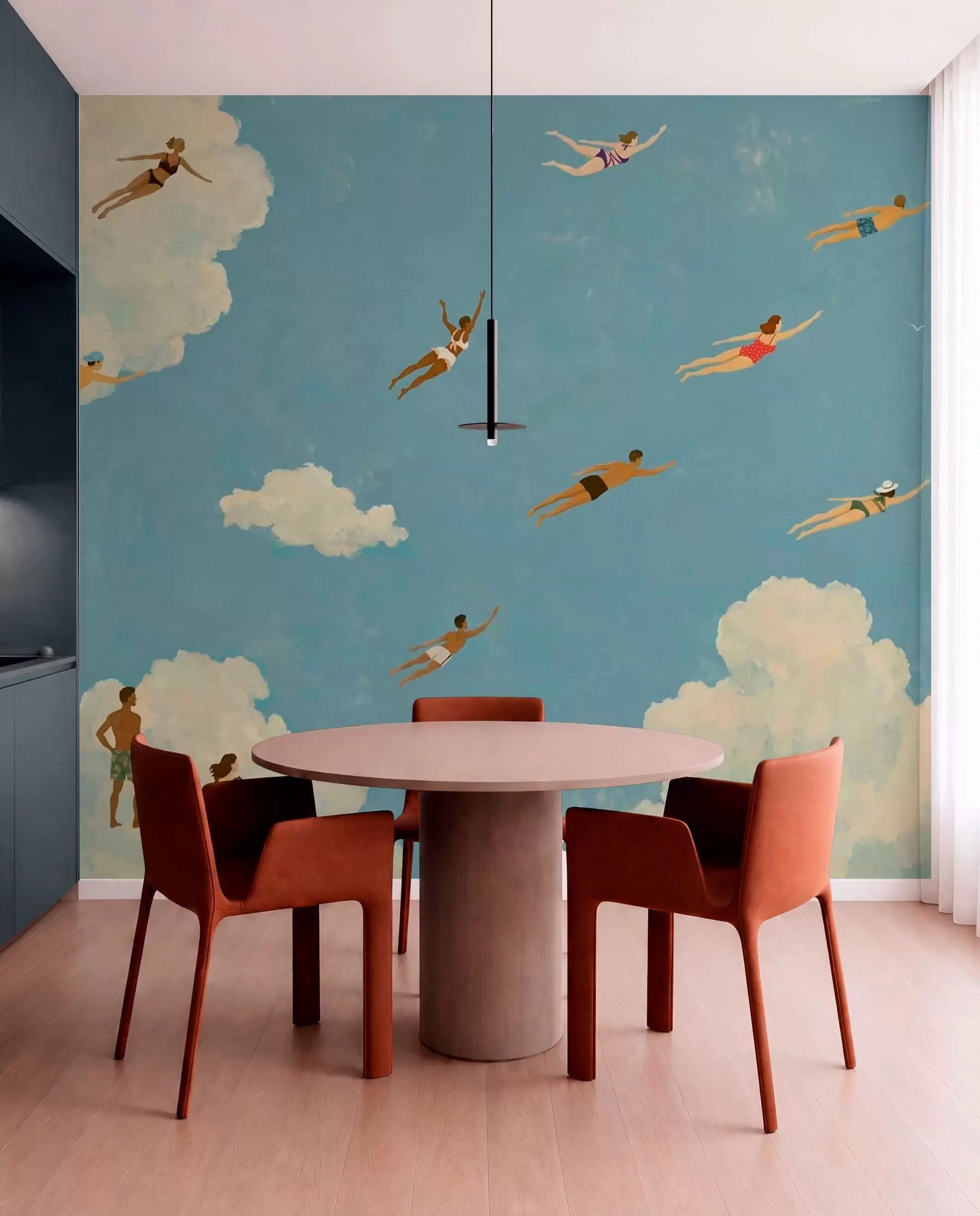 wall murals People floating among clouds in a blue sky w05628