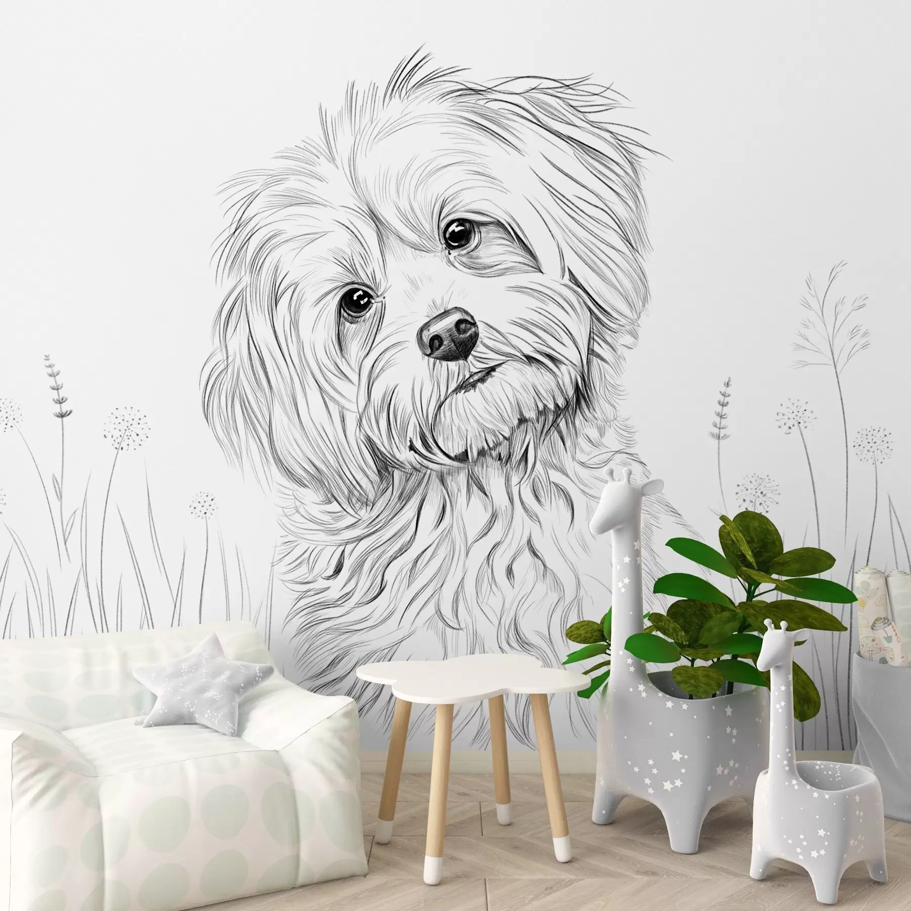wall murals A cute drawing of a dog in the grass w05656