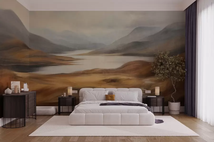 wall murals Textured landscape, lake surrounded by hills and mountains under a cloudy sky with dry grass w09756