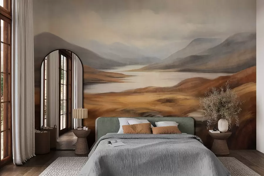wall murals Textured landscape, lake surrounded by hills and mountains under a cloudy sky with dry grass w09756