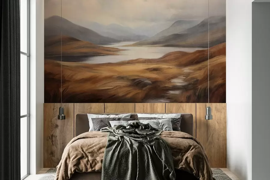 wall murals Textured landscape, lake surrounded by hills and mountains under a cloudy sky with dry grass w09756