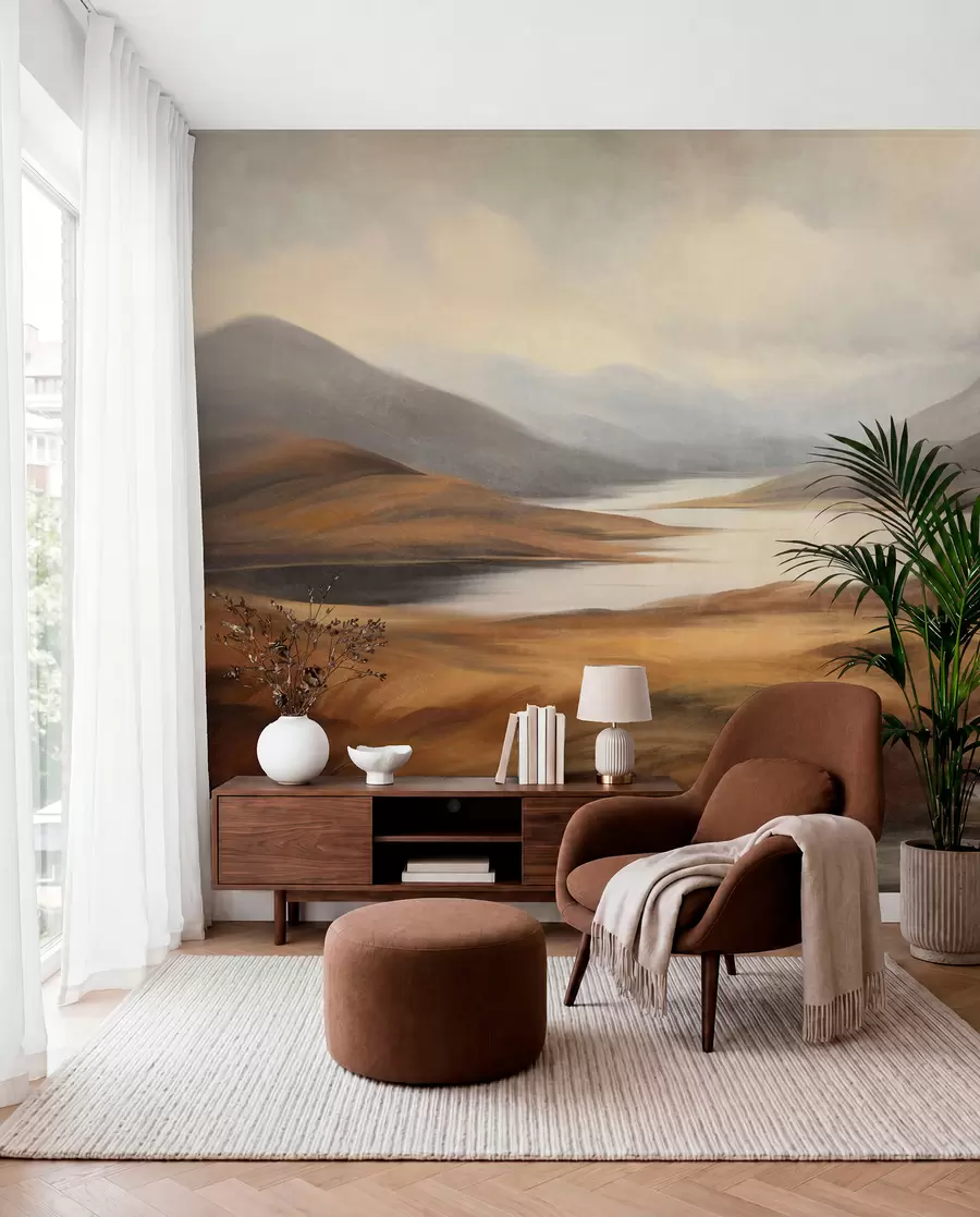 wall murals Textured landscape, lake surrounded by hills and mountains under a cloudy sky with dry grass w09756