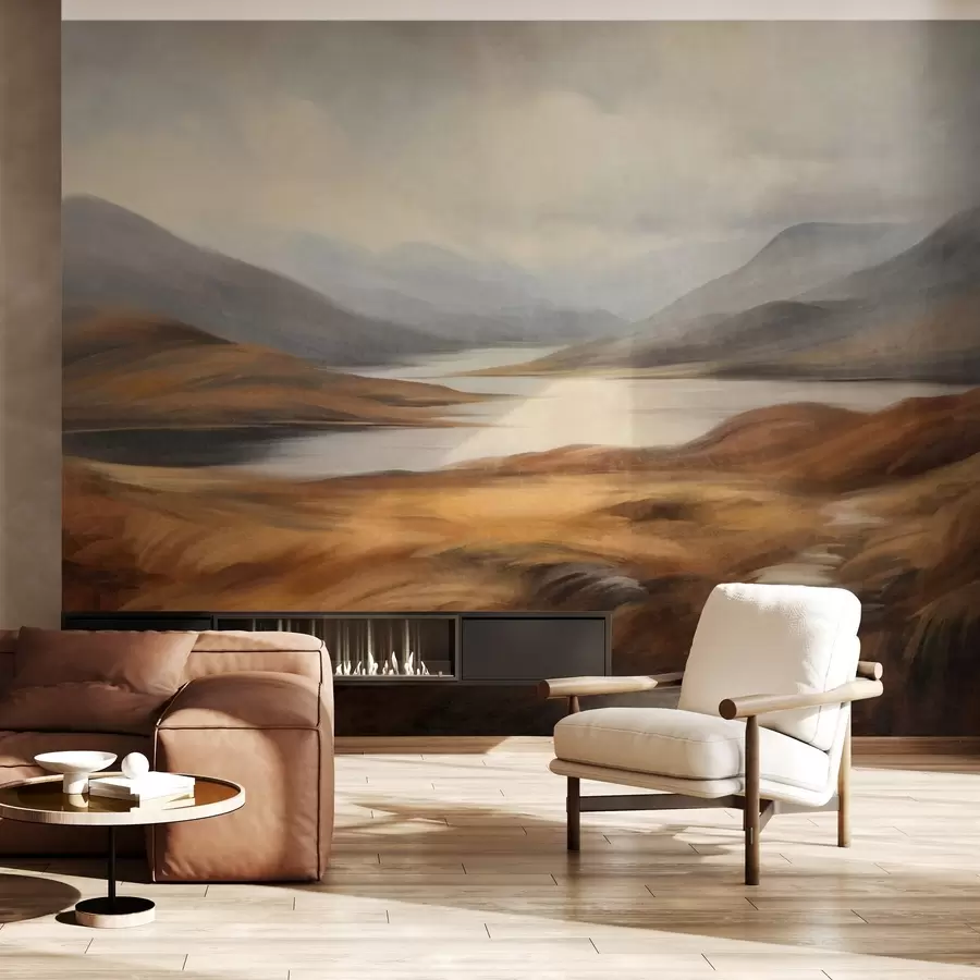 wall murals Textured landscape, lake surrounded by hills and mountains under a cloudy sky with dry grass w09756