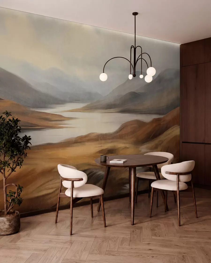 wall murals Textured landscape, lake surrounded by hills and mountains under a cloudy sky with dry grass w09756