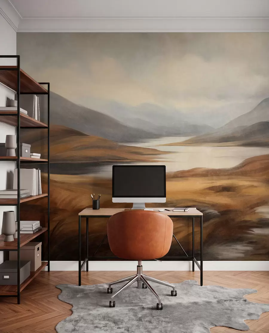 wall murals Textured landscape, lake surrounded by hills and mountains under a cloudy sky with dry grass w09756