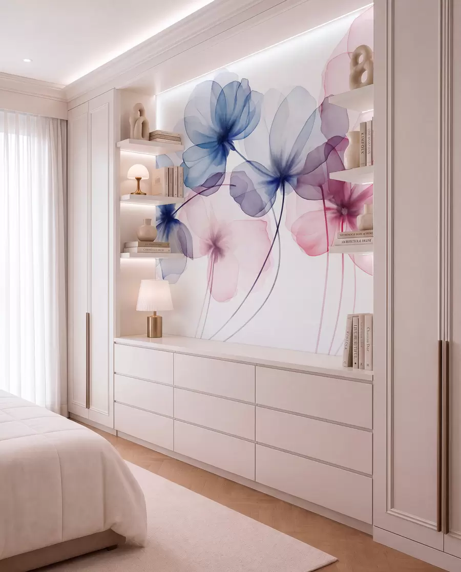 wall murals Translucent textured blue and pink flowers on light background, delicate petals overlapping w09892