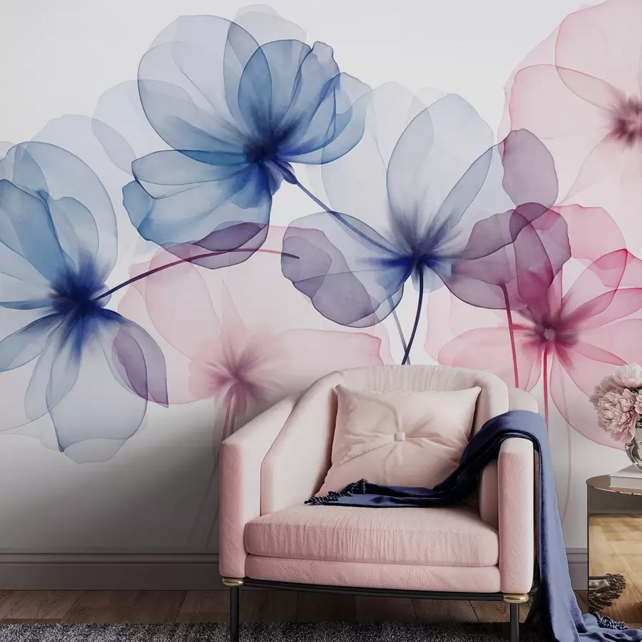 wall murals Translucent textured blue and pink flowers on light background, delicate petals overlapping w09892