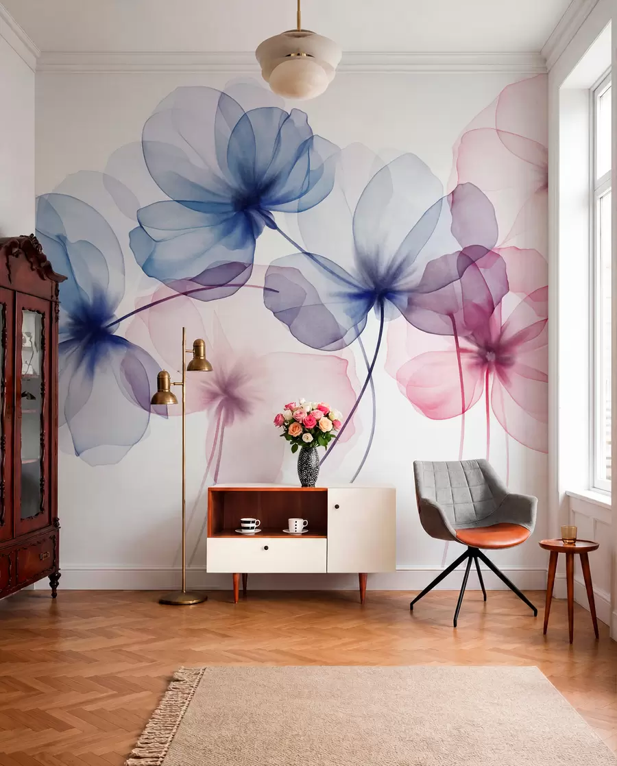 wall murals Translucent textured blue and pink flowers on light background, delicate petals overlapping w09892