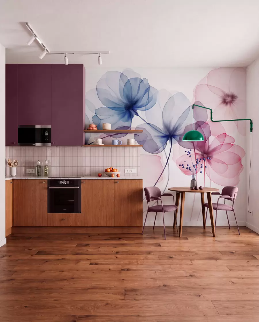 wall murals Translucent textured blue and pink flowers on light background, delicate petals overlapping w09892