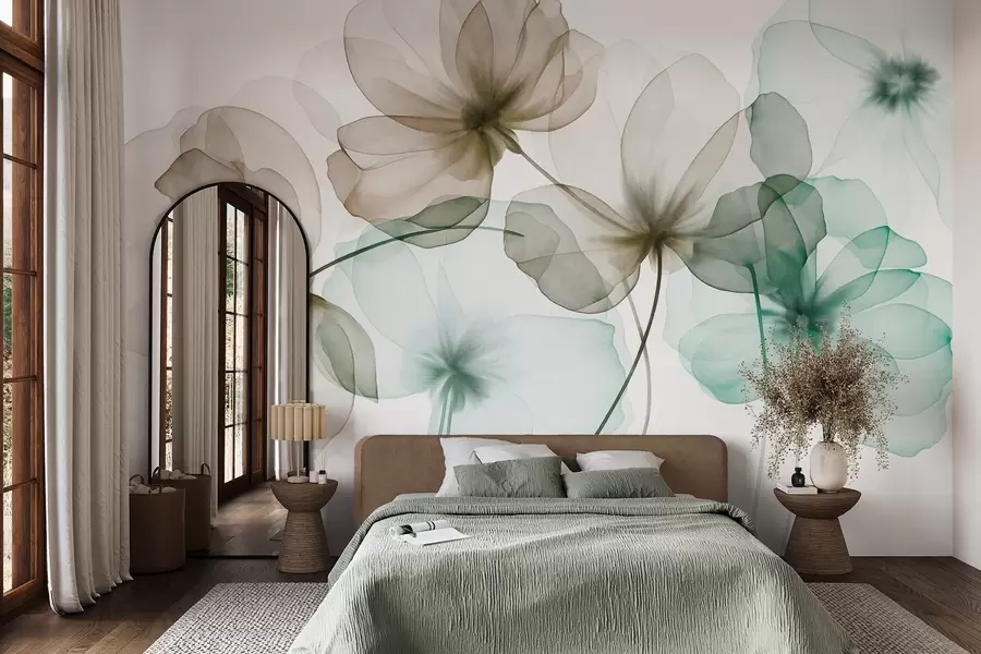 wall murals Translucent textured green and brown flowers on light background, delicate petals overlapping w09892v1
