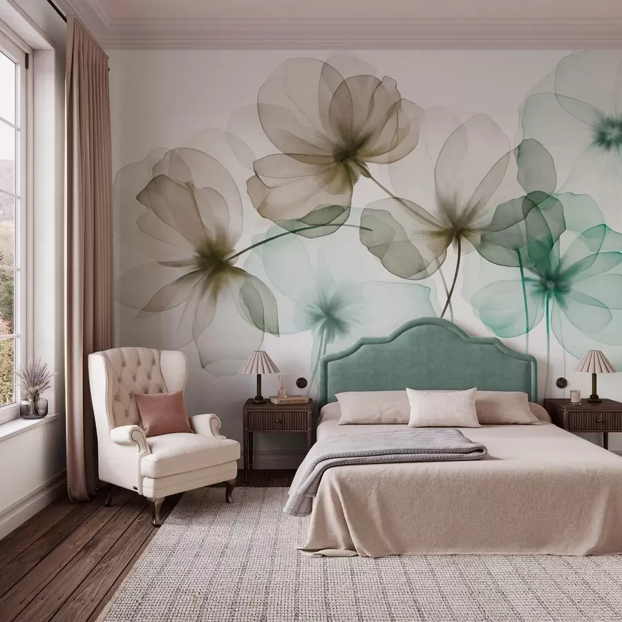 wall murals Translucent textured green and brown flowers on light background, delicate petals overlapping w09892v1