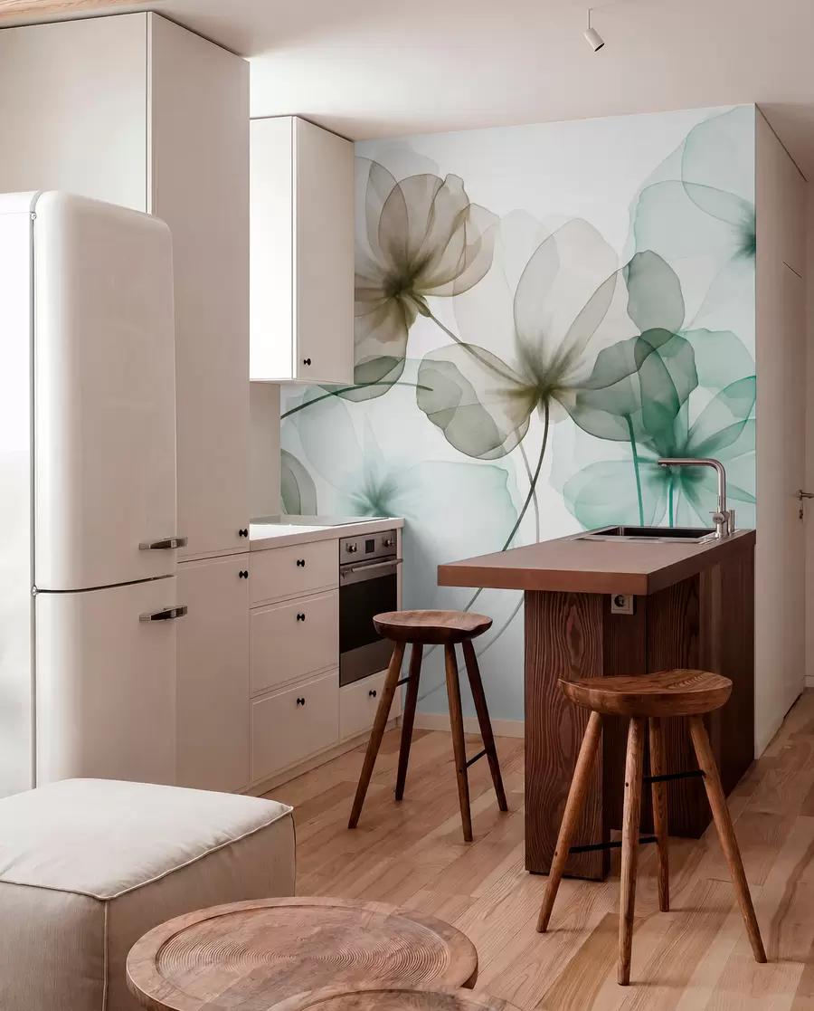 wall murals Translucent textured green and brown flowers on light background, delicate petals overlapping w09892v1