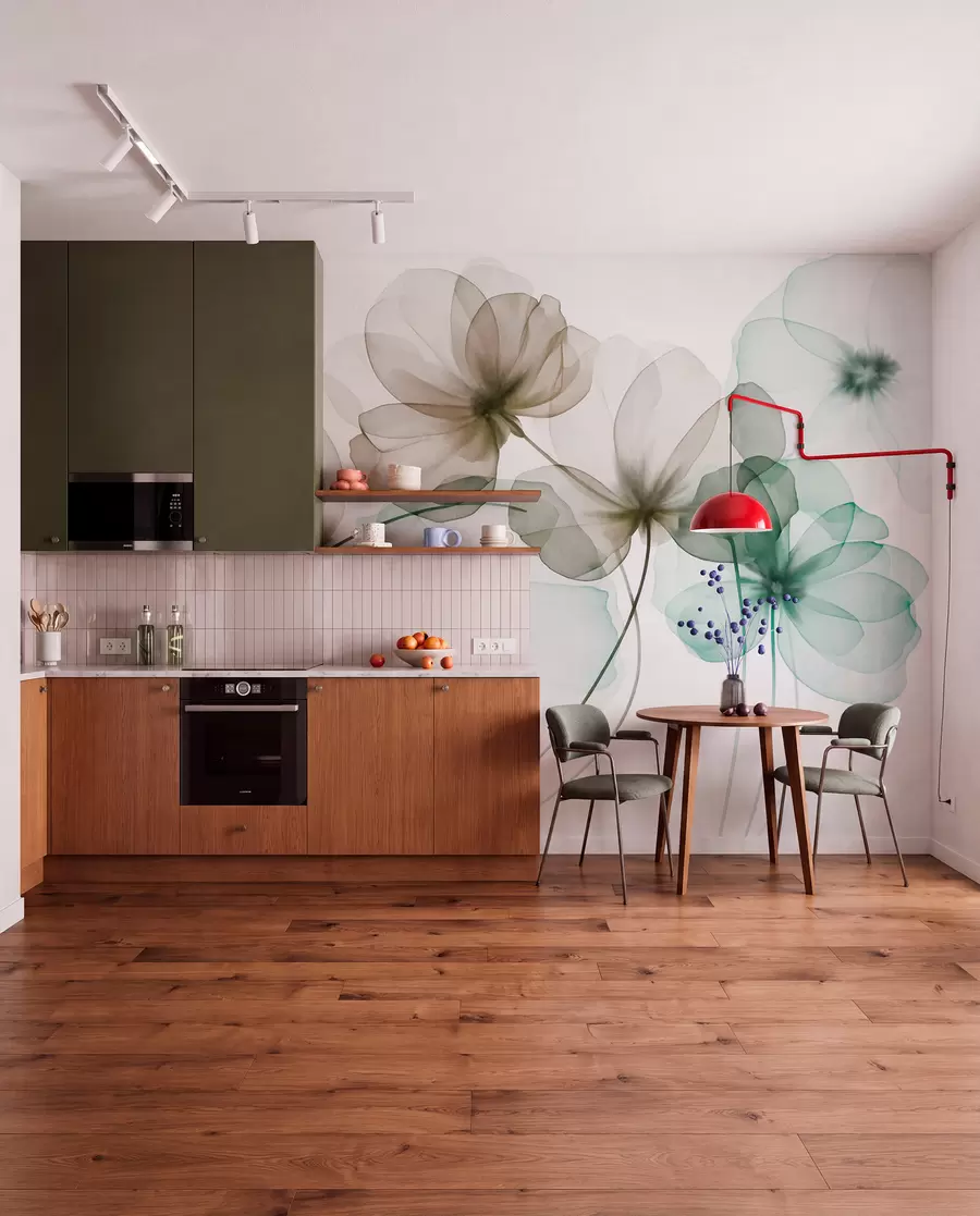 wall murals Translucent textured green and brown flowers on light background, delicate petals overlapping w09892v1