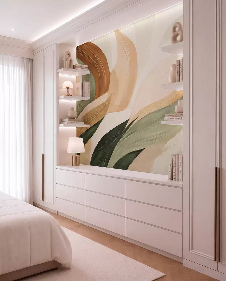 wall murals Abstract organic shapes in earthy tones of green, brown, and beige with flowing textures w09894