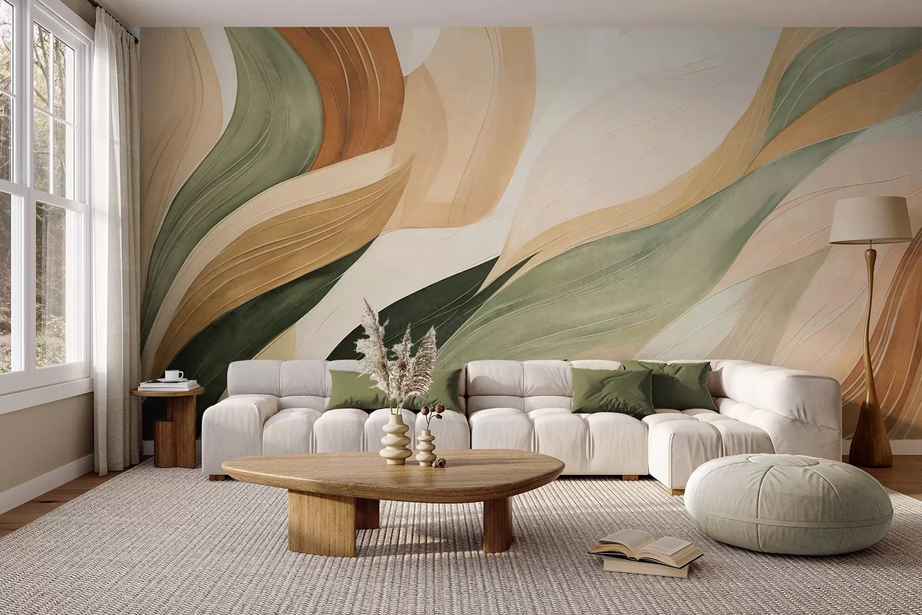 wall murals Abstract organic shapes in earthy tones of green, brown, and beige with flowing textures w09894