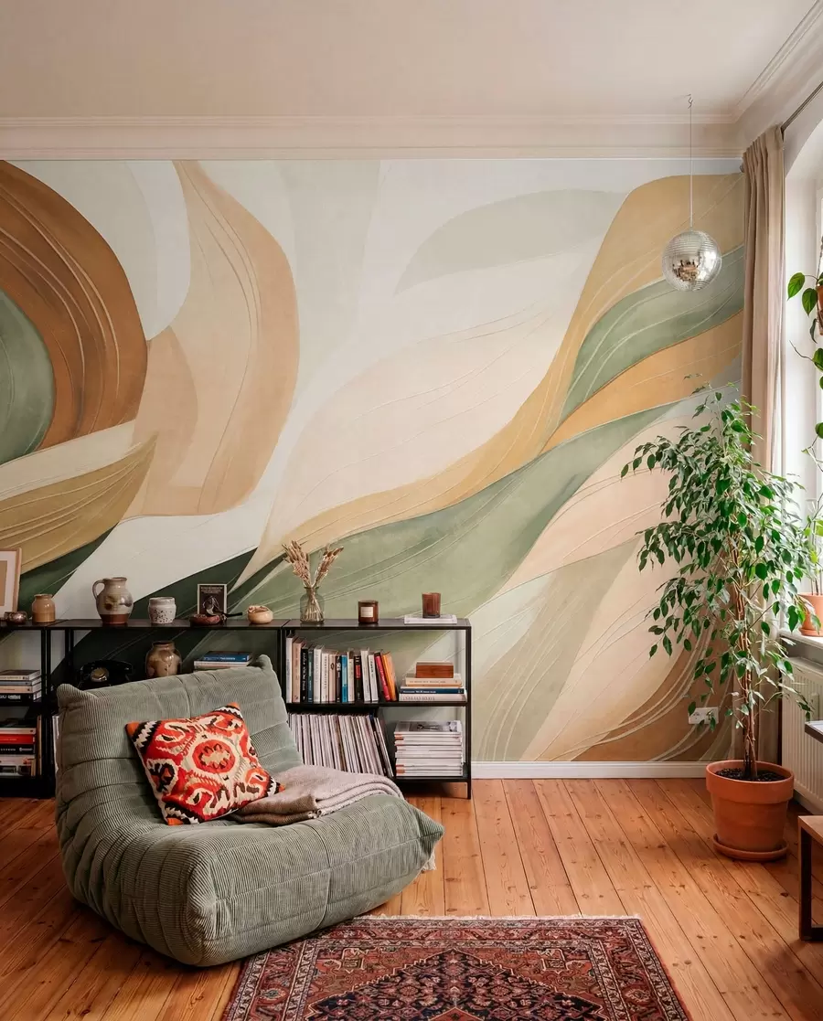 wall murals Abstract organic shapes in earthy tones of green, brown, and beige with flowing textures w09894