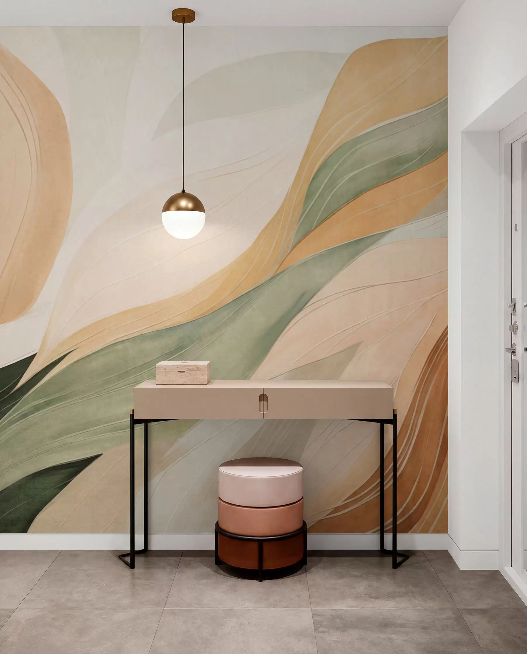 wall murals Abstract organic shapes in earthy tones of green, brown, and beige with flowing textures w09894