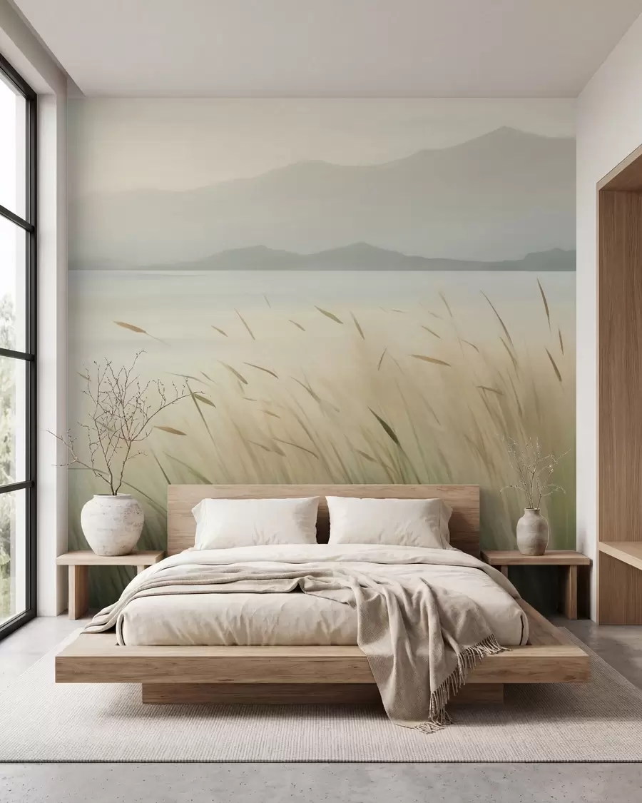 wall murals Grass by the lake with mountains in the background w05668