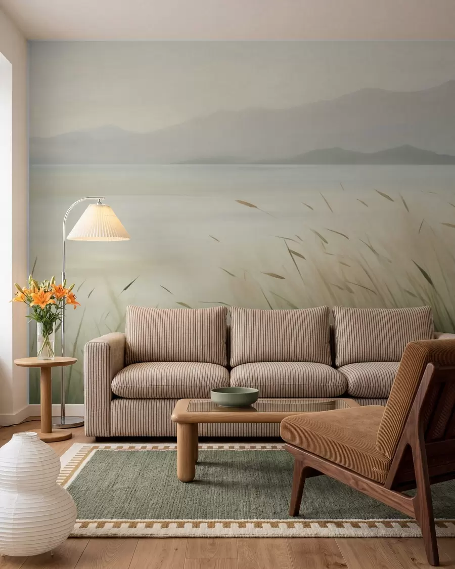 wall murals Grass by the lake with mountains in the background w05668