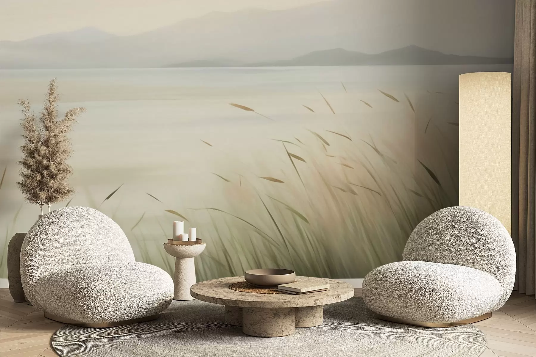 wall murals Grass by the lake with mountains in the background w05668