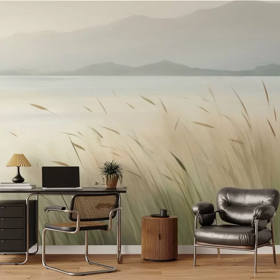 wall murals Grass by the lake with mountains in the background w05668