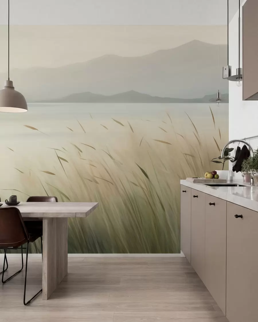 wall murals Grass by the lake with mountains in the background w05668