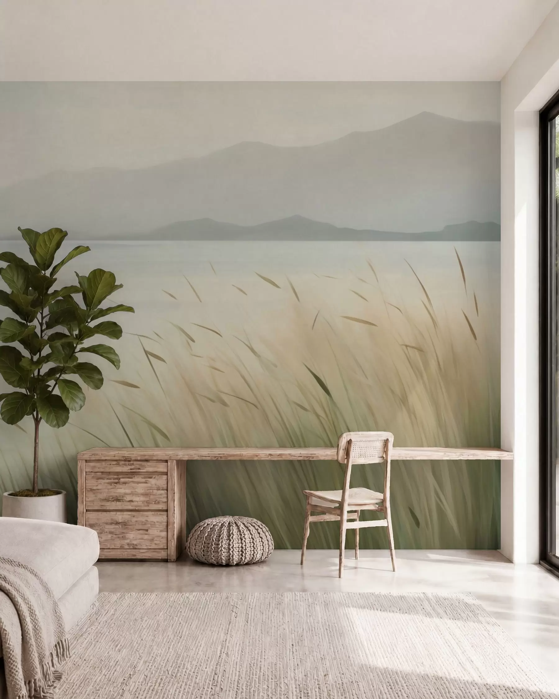 wall murals Grass by the lake with mountains in the background w05668