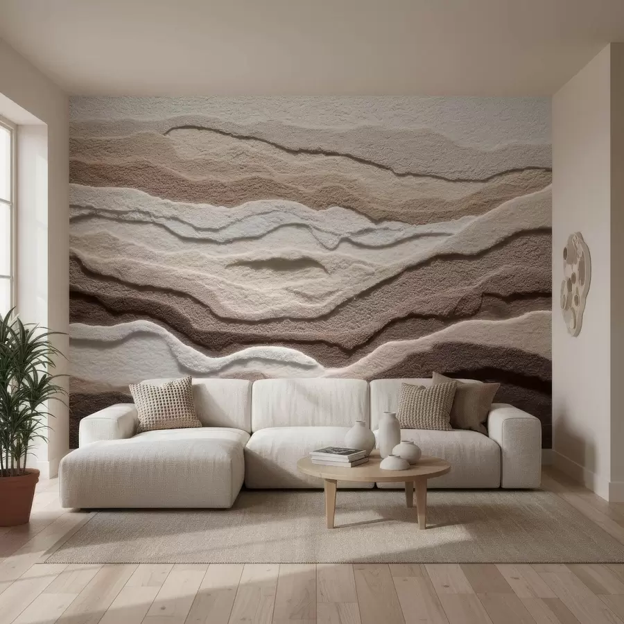 wall murals Textured wall mural with layered sand formations in a warm beige palette w09807