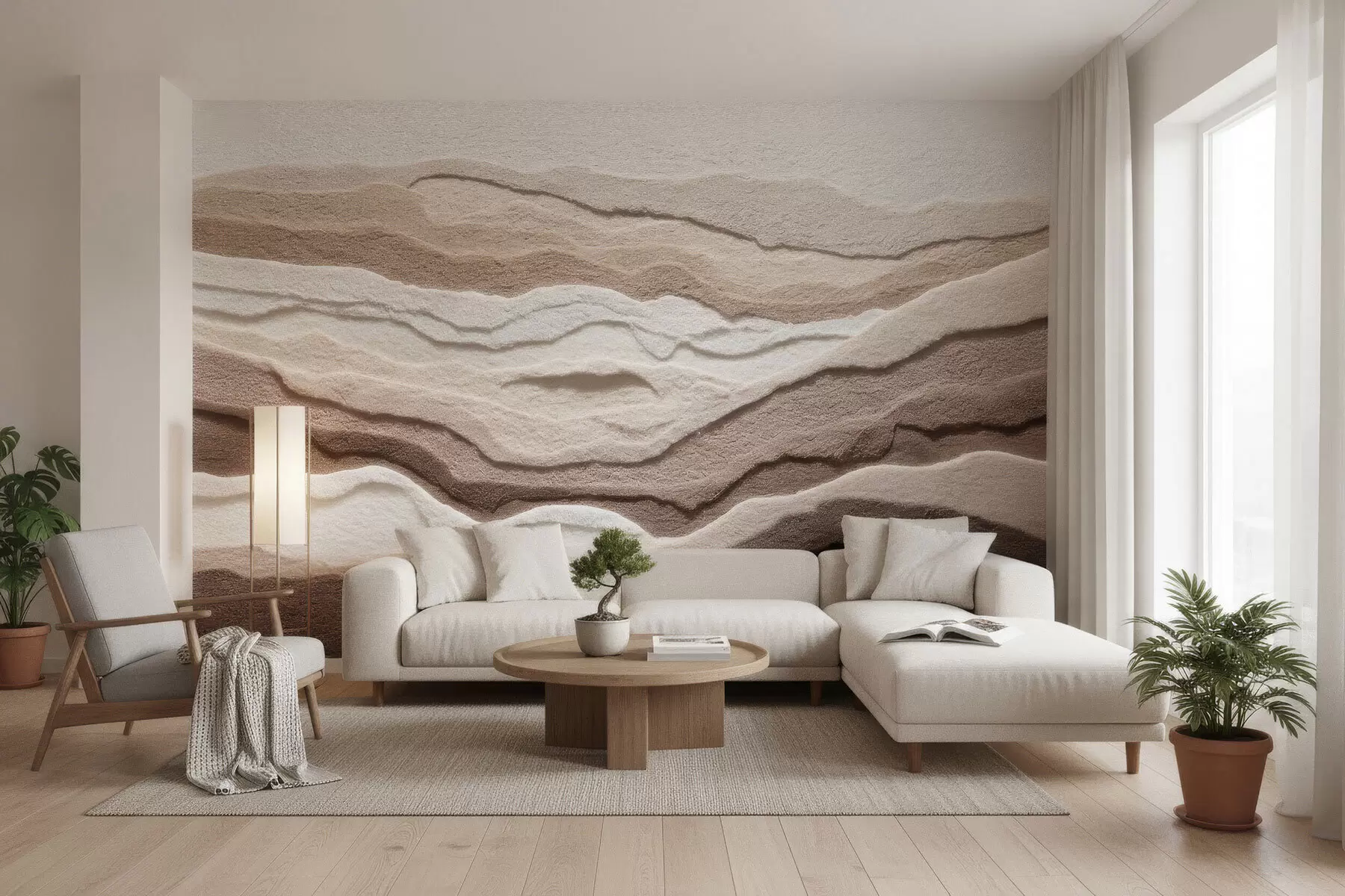 wall murals Textured wall mural with layered sand formations in a warm beige palette w09807