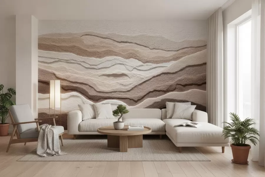 wall murals Textured wall mural with layered sand formations in a warm beige palette w09807