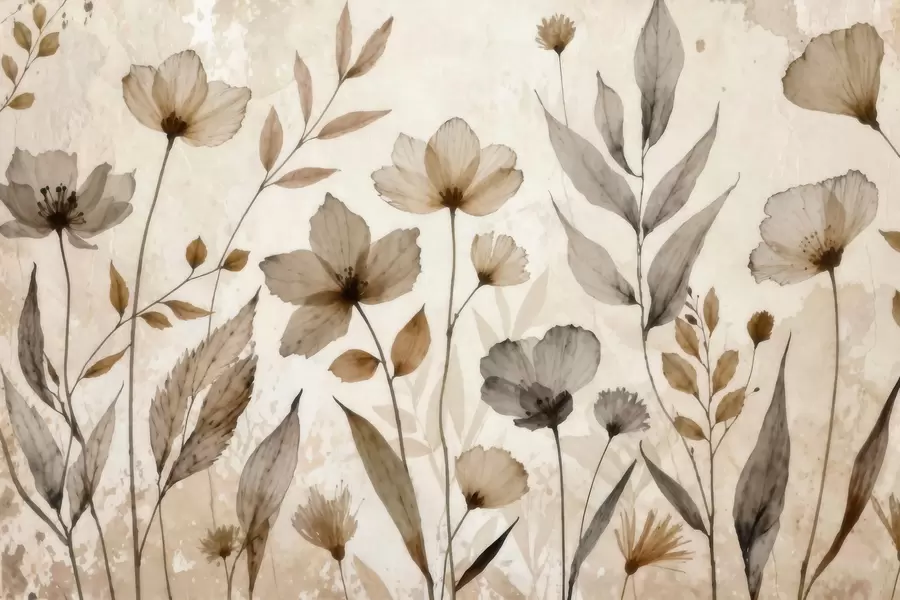 wall murals Delicate watercolor wildflowers in a soft beige and cream palette w09875