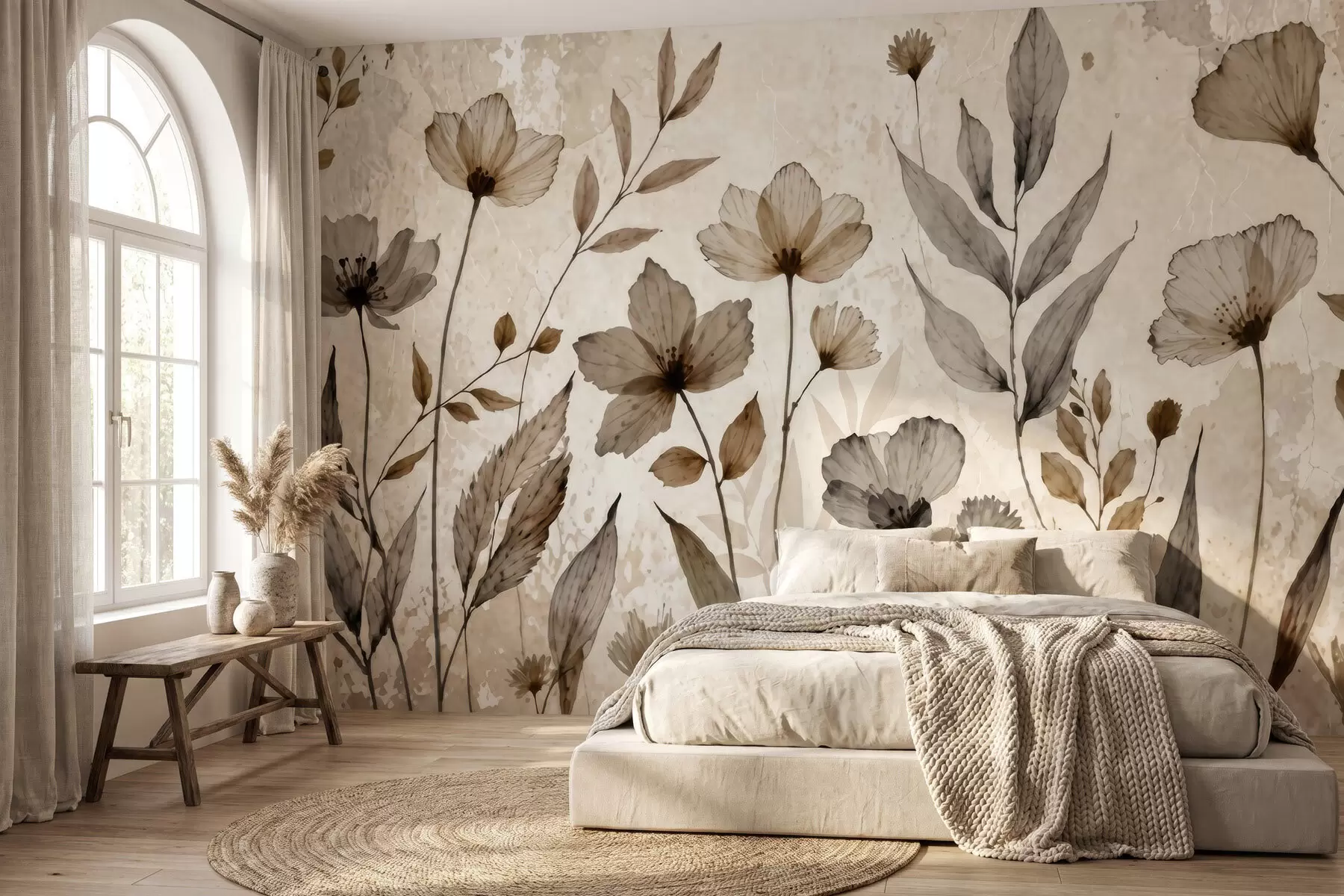 wall murals Delicate watercolor wildflowers in a soft beige and cream palette w09875