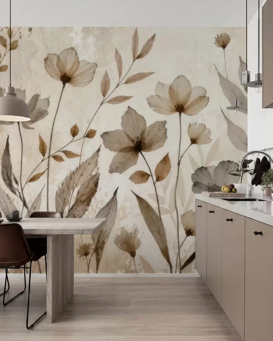 wall murals Delicate watercolor wildflowers in a soft beige and cream palette w09875